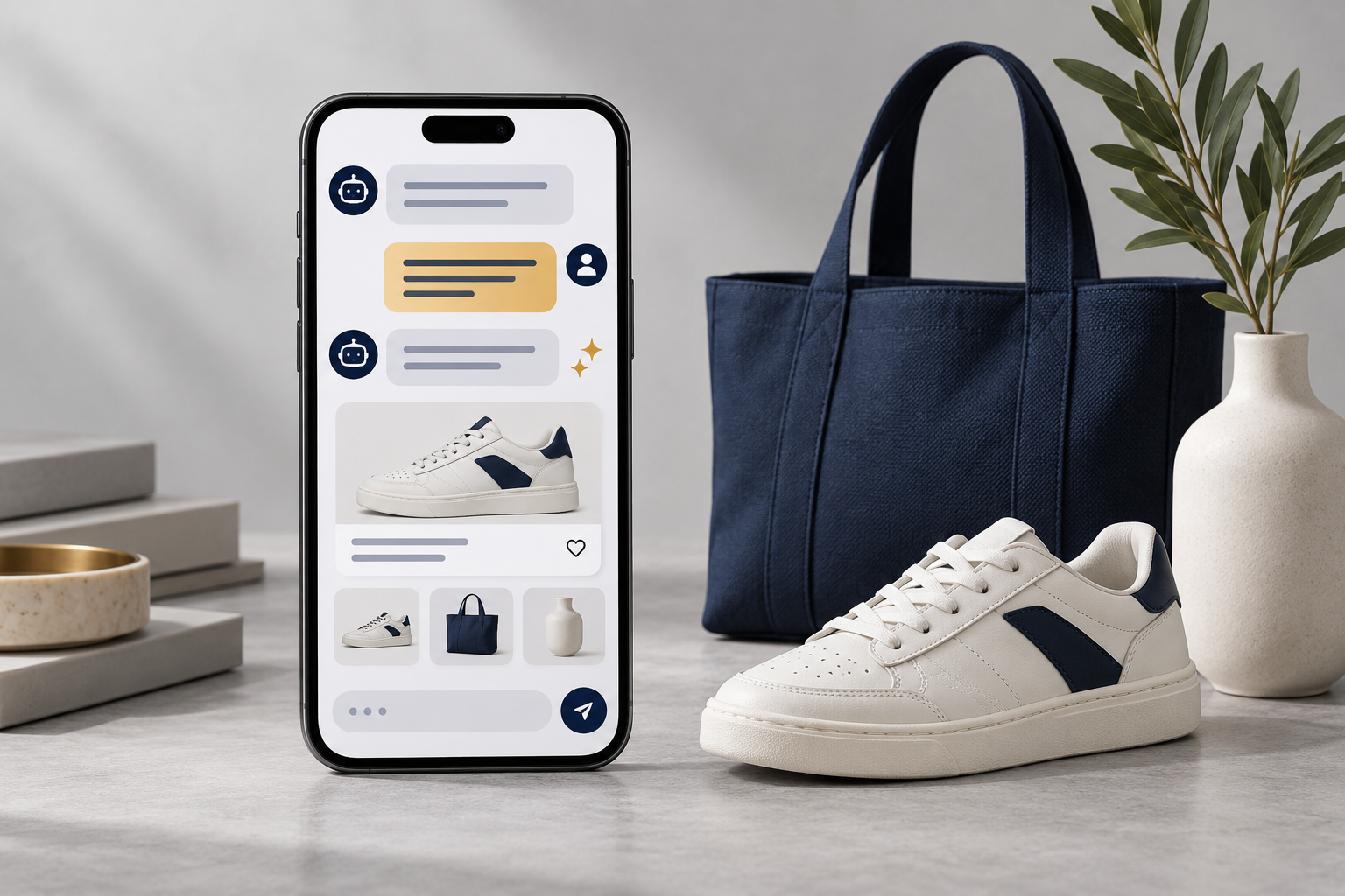 Ilustración conceptual de Nina: chat de compras y catálogo de productos