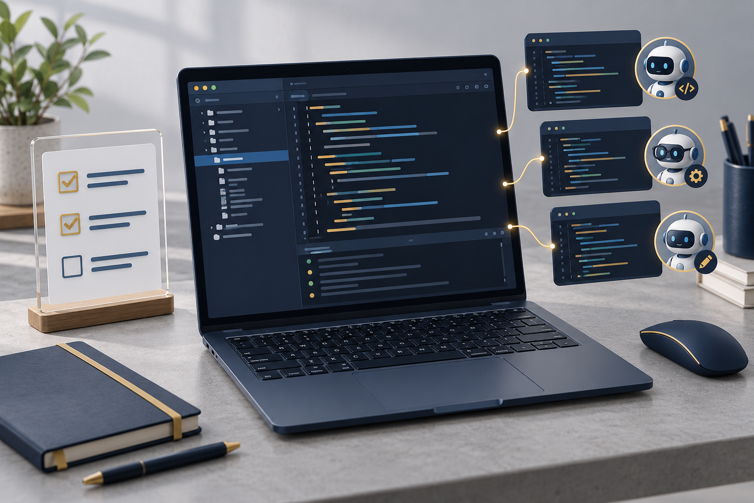 Ilustración conceptual de Sol: desarrollo de software con agentes coordinados